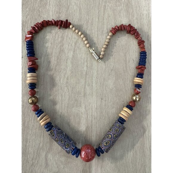 Vintage Murano Venetian Millefiori Beaded Necklace With Red & Blue Accents 16" - Picture 2 of 9